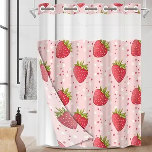 1pc 2D Flat Printing hookless shower curtain hanger liner StrawberryPinkBackgroundPattern Fabric waterproof lining shower curtain with transparent window, double-layer shower curtain, 71 x 74 inches, modern home curtain decoration