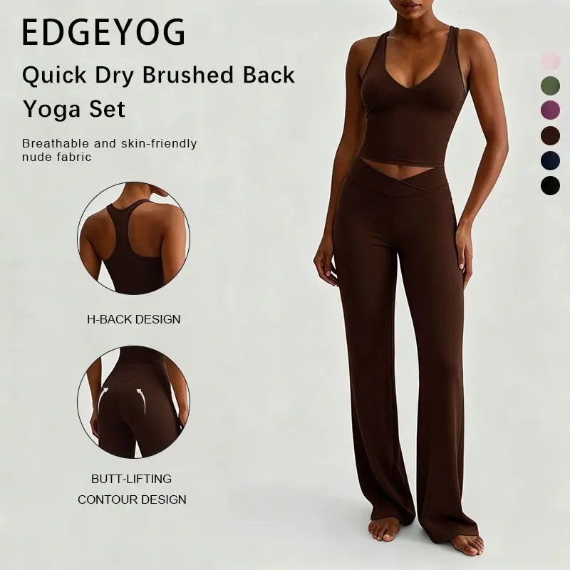EDGEYOG Female Knitting 2-Piece Sports Set, Sleeveless Padded V-Neck Tank Top with Chest Pad & Tummy Control Criss-Cross Waist Flared Pants, Slim Sexy Brown Summer Casual for Yoga, Daily Wear