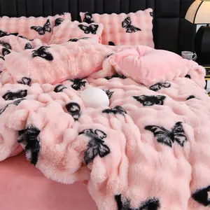Luxury Faux Rabbit Fur Leopard & Butterfly 3 Piece Bedding Set, Ultra Soft Warm All-Season Duvet Cover with Zipper Closure + 2 Pillowcases, Elegant Solid Color Design, Cozy Bedroom/Living Room/Dorm Bedding Décor, Perfect Gift, Soft Bedding Sets