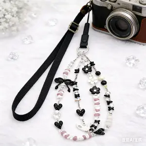 Y2K Black Bow Heart Beaded Mobile Smartphone Charm - Resin Glass Crystal Phone Strap with Zinc Alloy, Flower-Infused Safety Phone Accessories