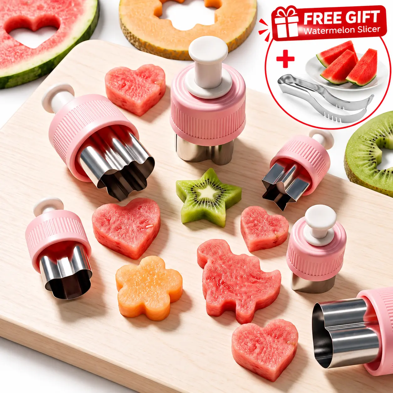BUY 1 GET 1 FREE Stainless Steel Bento Food Cutter Set with Push-Out Plungers, Bakeware Utensils & Baking Supplies with Cute Animal Motifs, 8 or 16 Pieces for Fruit, Sandwiches+ FREE Watermelon Cutter