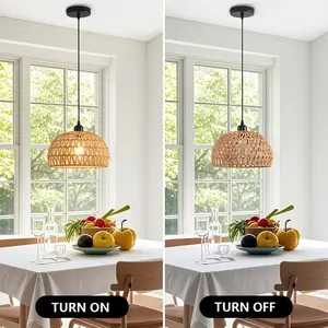 Boho Chandelier Light Fixture - Farmhouse Rattan Pendant Light With Woven Rope Lampshade, Rustic Cage Hanging Lamp For Kitchen Island, Living Room, Dining Room, Or Bedroom - E26 Semi Flush Mount Ceiling Light, Adjustable Height, Easy Assembly