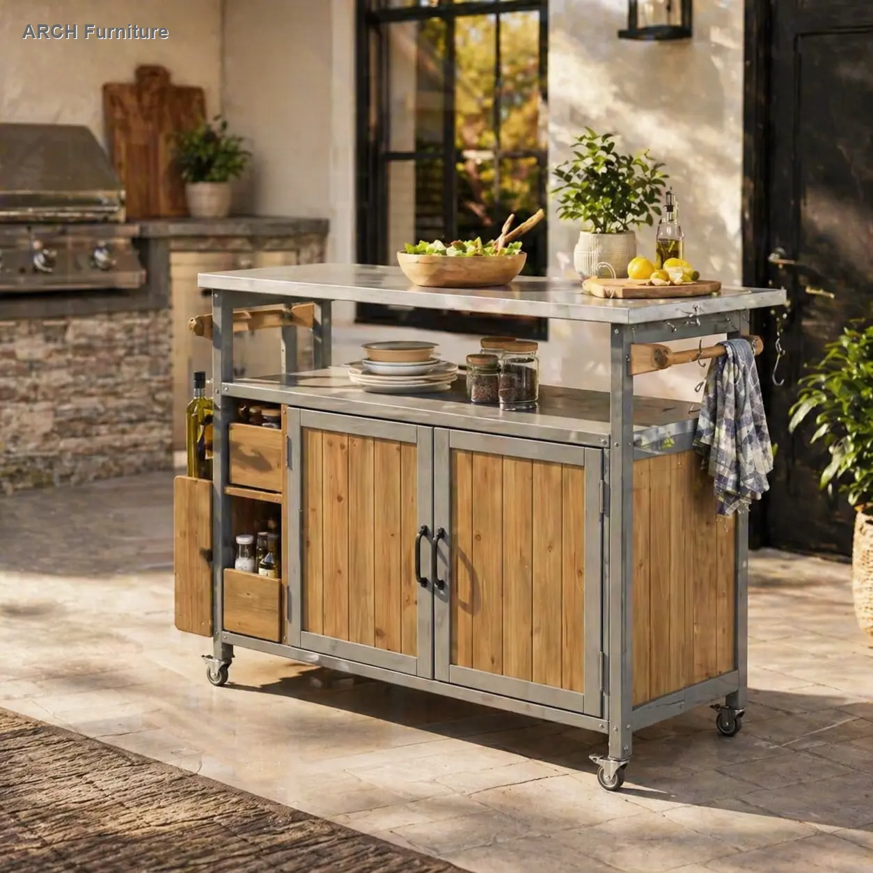 54.33x18.5in Farmhouse Outdoor Kitchen Island Cart Organizer - Solid Wood Frame, Stainless Steel Top, Spice Rack, Towel Rack, Bottle Opener, Locking Wheels, Adjustable Cabinets, Eco-Conscious Wood-Toned Unit, Clever Storage for Patio Gas Grill Use, Kitche