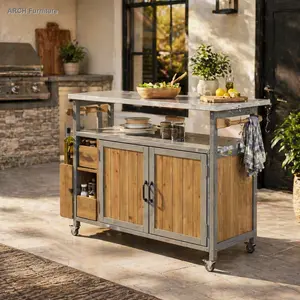 54.33" Farmhouse Rolling Outdoor Kitchen Cart - Solid Wood Frame, Stainless Steel Top, Spice Rack, Towel Rack, Lockable Wheels, Multi-Functional Storage for Patio, Backyard BBQ, Kitchen Organization