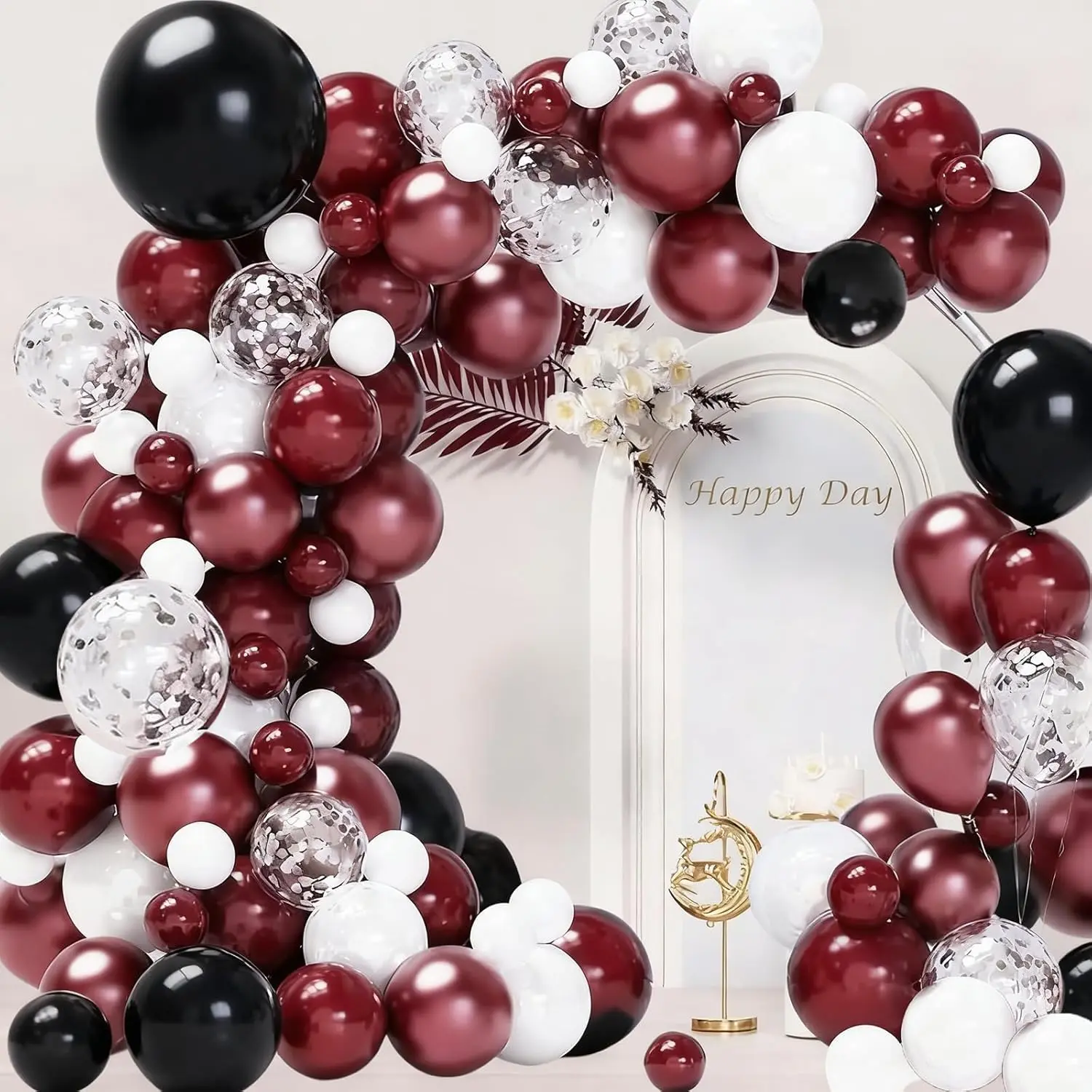 134 PCS Maroon, Black & White Balloon Arch Kit with Confetti Balloons for Graduation & Party Decor