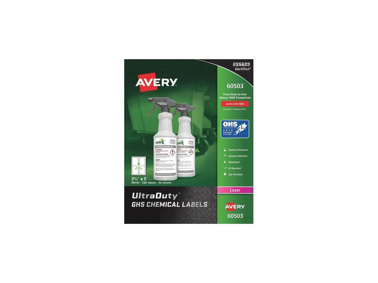 AVERY 60503 3-1/2" x 5" GHS Chemical Labels for Laser Printers, 200
