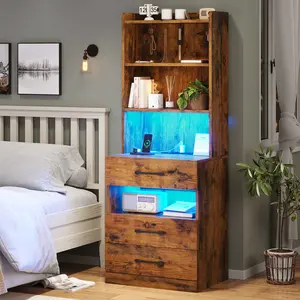 SIKAIC LED Nightstand with Integrated Bookshelf, Brown Modern Bedside Table with Storage Cabinet, Multifunctional Side Table for Bedroom and Living Room