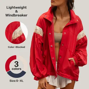 [New] Fisoew Women's Lightweight Windbreaker Jacket with Contrast Patchwork Elastic Cuffs & Adjustable Hem Casual Streetwear Trench Coat Outerwear Clothes Womenswear