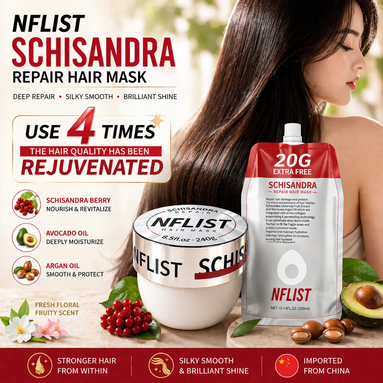 NFLIST Schisandra Keratin Hair Mask Conditioner 240g, moisture-lock & oil control technology, disulfide bond repair. Enriched with Schisandra Avocado, Argan oil, Collagen, Keratin. moisturizing, smoothing & straightening. Lasts up to 3 days.