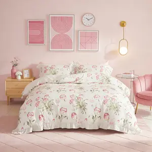Watercolor Floral Print Raffle Edge Bedding Set, Breathable and Super Soft, Includes 1 Duvet Cover Without Filler and 2 Pillowcases Without Filler, Suitable for All Seasons Ideal for Cozy Sleep Environment