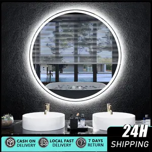 24 Inch LED Round Lighted Mirror, Bathroom Backlit Vanity Mirror Wall Mounted with 3000K/4000K/6000K Adjustable, Anti-Fog, Smart Touch Button, Stepless Dimmable Lighted Makeup Mirror Smart anti-fog LED bathroom mirror with circular dual lights 3-color