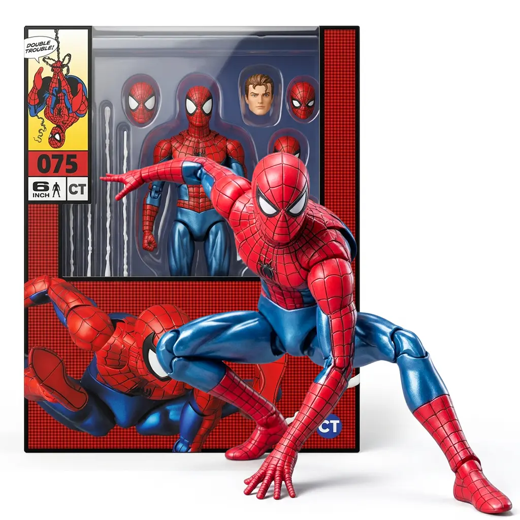 CT Toys Marvel Spider-Man 075 Classic Comic 1:12 Action Figure, 6-Inch Peter Parker Collectible with Magnetic Hands & Feet, Web Effects & Stand