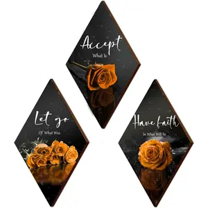 3 count Orange Rose Bathroom Wall Decor Orange Decor Flower Wooden Inspirational Wall Art Bedroom Wall Decor with Accept Let Go Have Faith Sign for Bathroom Living Room Bedroom(12 x 7")