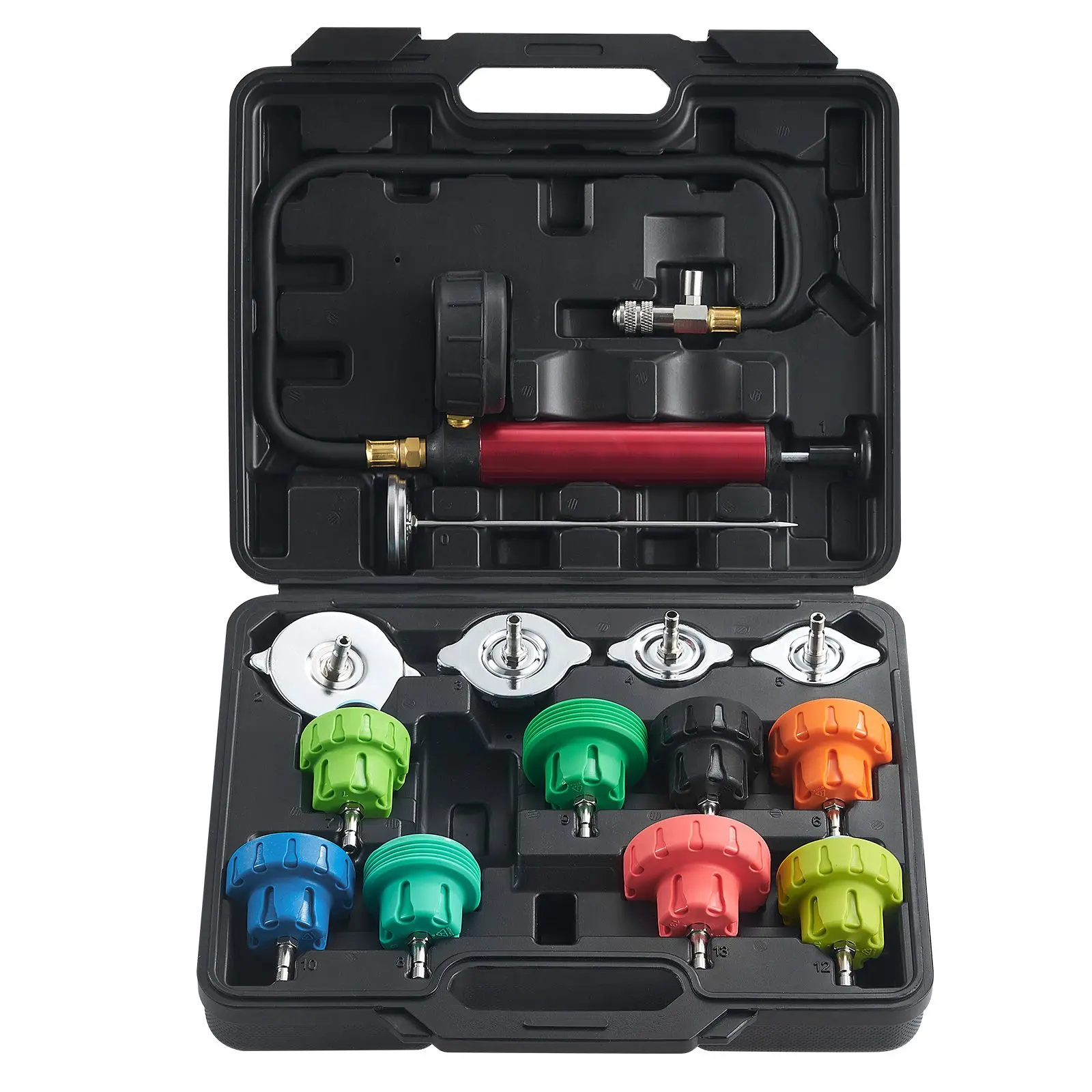 14 pcs Universal Radiator Pressure Tester Kit, Coolant Pressure Tester Kit with Manual Pump and Color-coded Steel Test Cap Adapters, with Toolbox, For Cars Motorcycles Trucks Cooling System