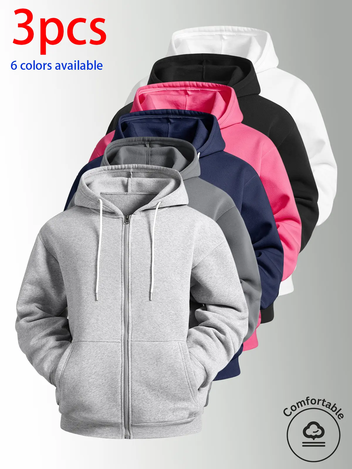 3-pack: men’s hooded cardigan sweatshirt, men’s sweatshirt. Loose fit with drawstring pockets—super practical. Soft, comfortable, skin-friendly fabric. Simple solid-color design, available in multiple colors. Suitable for daily commuting, shopping, home w