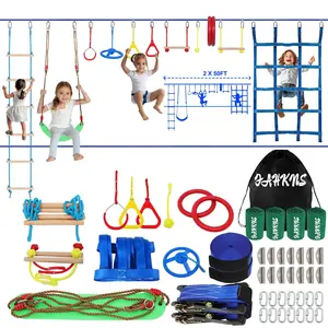 Ninja Warrior Obstacle Course for Kids - Slackline Kit with 13 Ninja Accessories, Cargo Net Rope Ladder, and Monkey Bars for Kids Playground Set Multi Purpose Inflatable Playroom  Adjustable kids outdoor play