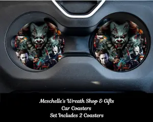 Horror Villain Smash Up Car Coasters, 2-Pack Neoprene-Ceramic Spill-Proof Auto Accessories for Cup Protection, Car Interior Decor Enhancement