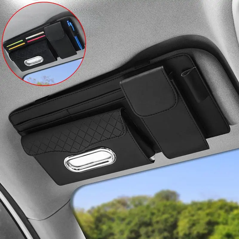 Car Sun Visor Tissue Box, 1 Count PU Leather Car Tissue Holder, Multifunctional Car Interior Accessories for Car Stowing & Tidying, Automotive