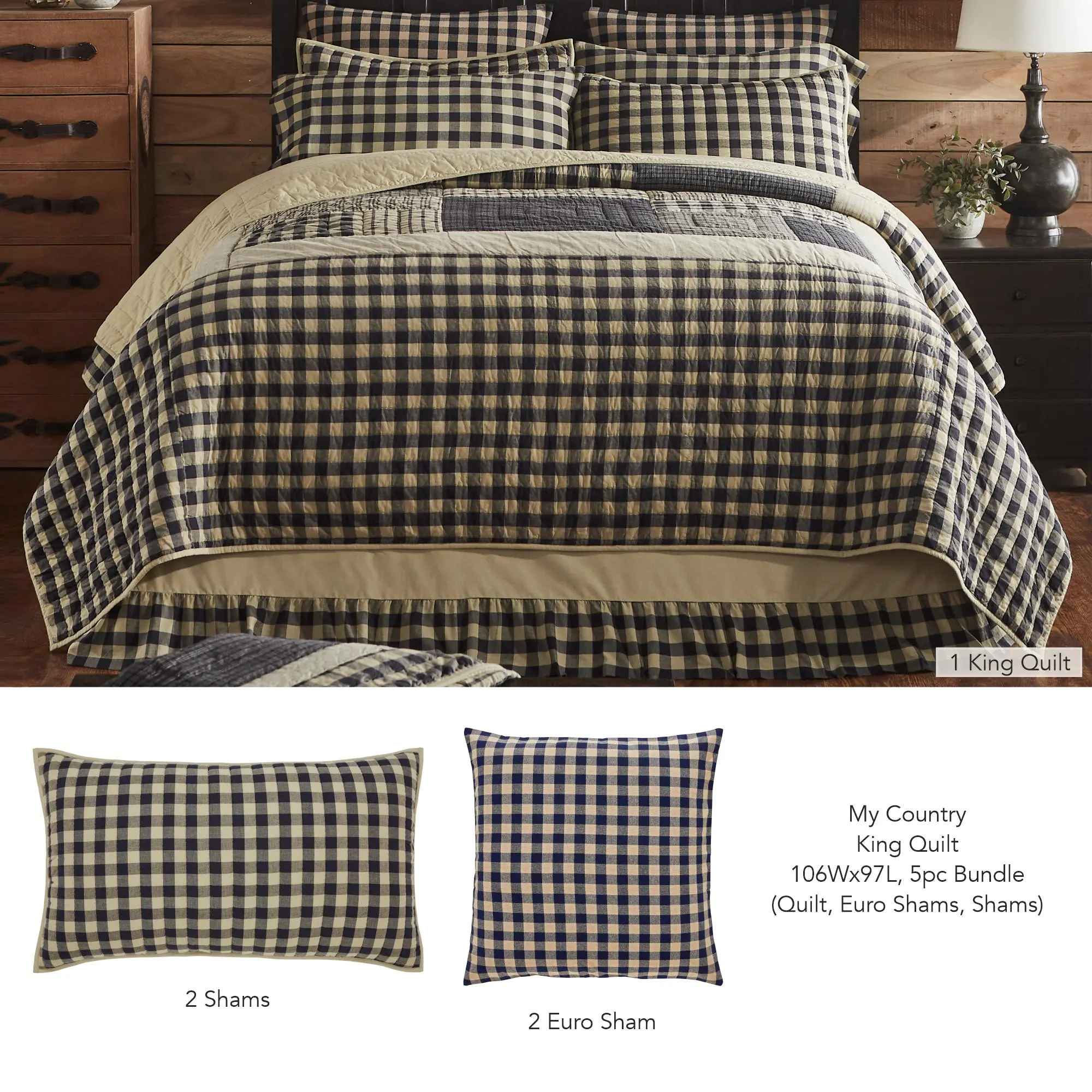 My Country King Quilt 5-Piece Bedding Set (Black & Tan Gingham)