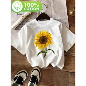 Sunflower Print T-Shirt Short Sleeve Casual Top Summer And Spring Women'S Clothing New Arrivals Local Warehouse Delivery Of Women'S Goods Women'S Christmas Clothing Women'S Gifts Women'S Beautiful Shirt Top Pattern T-Shirt Clearance Sale