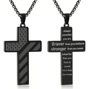Cross Necklace with Bible Verse & American Flag Pendant – Stainless Steel Men’s Jewelry Gift | Faith-Inspired, Bold & Patriotic Chain for Him