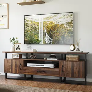 Rustic Brown Industrial TV Stand, 70in Wood Media Console Table with Storage & Drawer, Mid-Century Modern Entertainment Center for 75in TV Living Room, Tv Console Table, Wood Tv Console