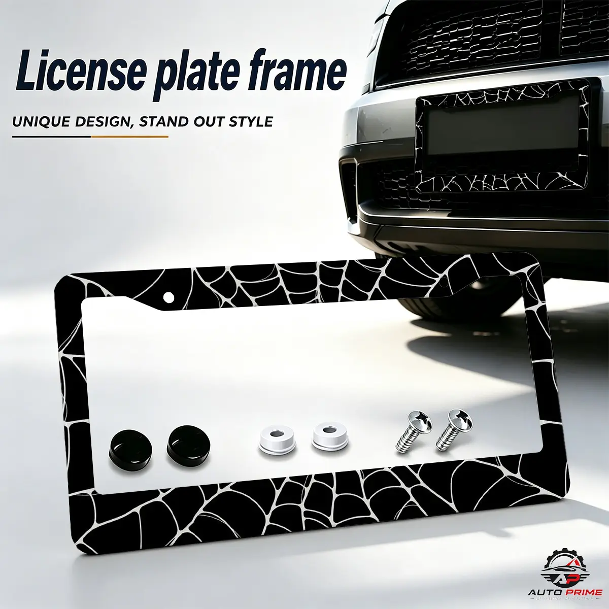 2-Piece Black White Cracked Spider Web Aluminum License Plate Frame, Aesthetic Car Exterior Decor Holder, Universal for Girls' SUVs, Trucks & Vehicles
