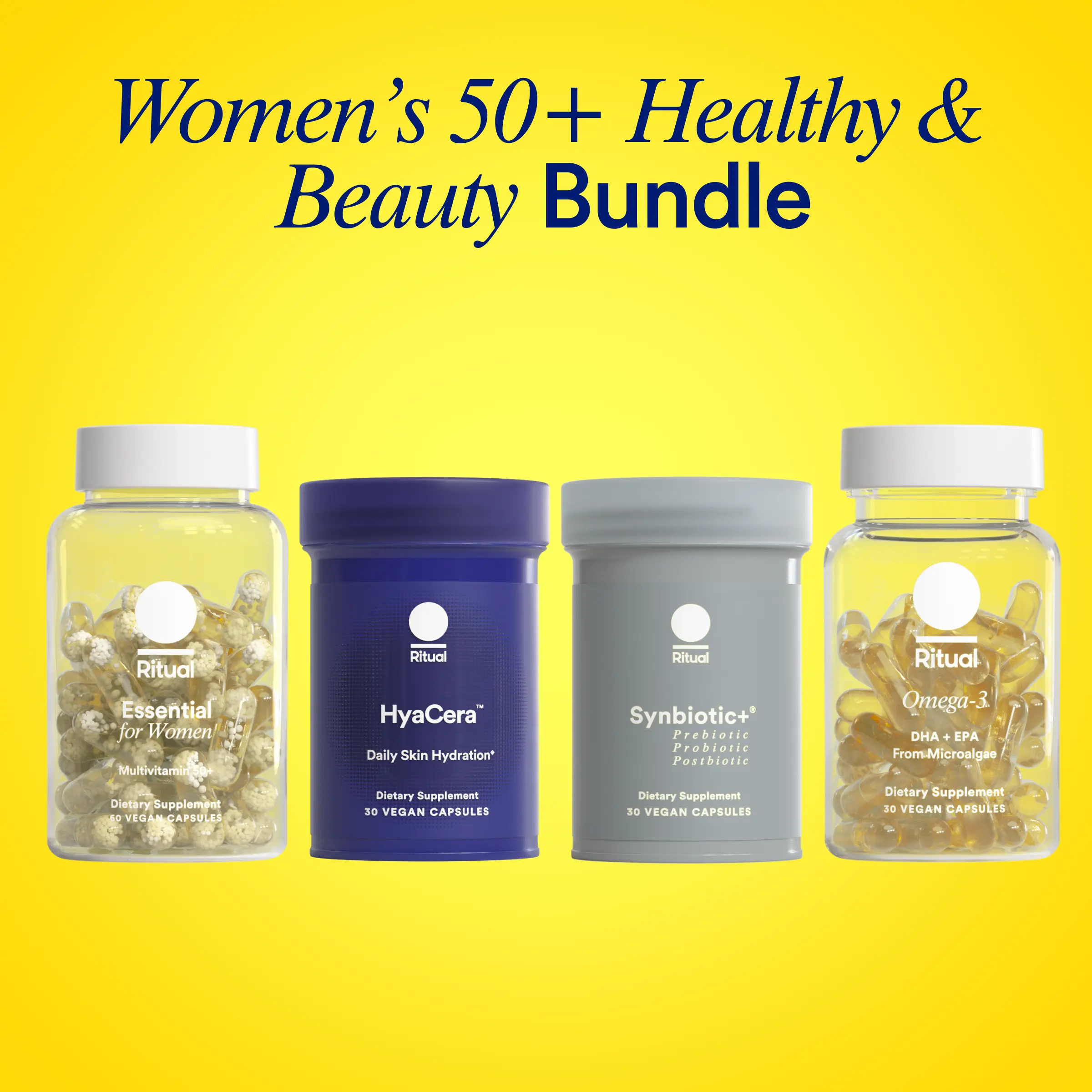 Ritual Women’s 50+ Health and Beauty Bundle | Essential for Women's 50+ Multivitamin, Synbiotic+ 3-in-1 Gut Health Support, Hyacera Wrinkle Support, Omega-3 Supplements