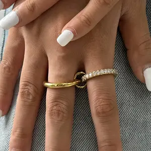 Emma's Heart | Sparkling Inlaid Stacking Ring - 18K Gold Plated Stainless Steel, Dainty Zirconia Band