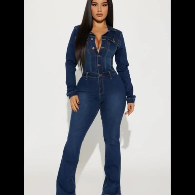 Long Sleeve Denim Jumpsuit - Dark Denim Collar Cotton