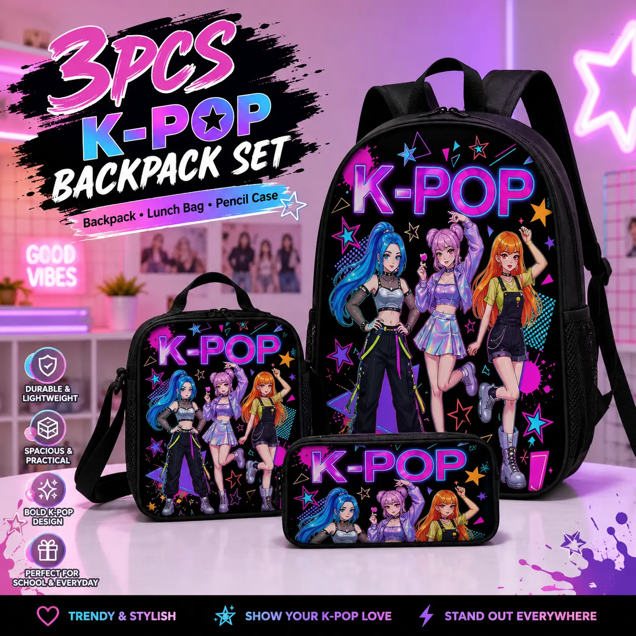 3pcs Modern Fashion Girl Group Print Backpack Set - Lightweight, Durable, Dustproof, Unisex Youth School Backpacks with Adjustable Straps, Zippered Compartments, Stylish Daypacks for Daily Use, Backpacks For School