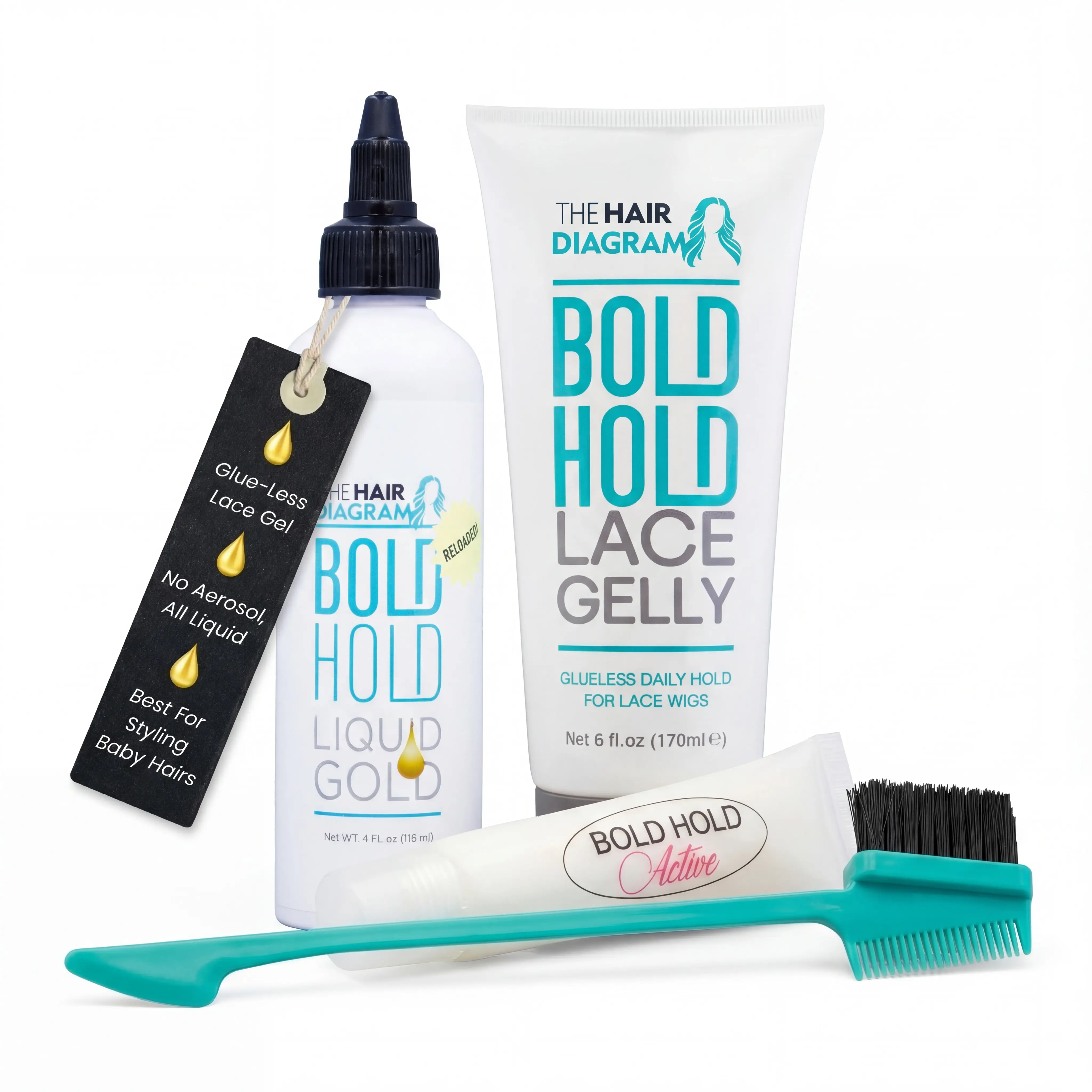 Bold Hold Lace Gelly, Liquid Gold, Active Glider & 3-in-1 Spatula Bundle | Complete Wig Install Kit by the Hair Diagram