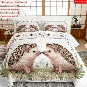 3pcs, 2D flat print Cute Hedgehog & Bee Pattern Bedspread Set, Animal & Nature Theme, Multiple Sizes Available, Bedding Set, Festive Decorative Bedding, Ideal for Bedroom Décor(1 bedspread , 2 pillowcase)