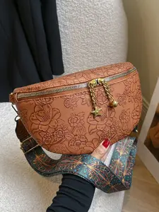 Floral Embossed Chest Bag, Wide Shoulder Strap Fashion Crossbody Bag for Women, Versatile Bag, Stylish and Comfortable Daily Use, Zipper Belt Bag, Casual Waist Bag, Waist Belt Bag
