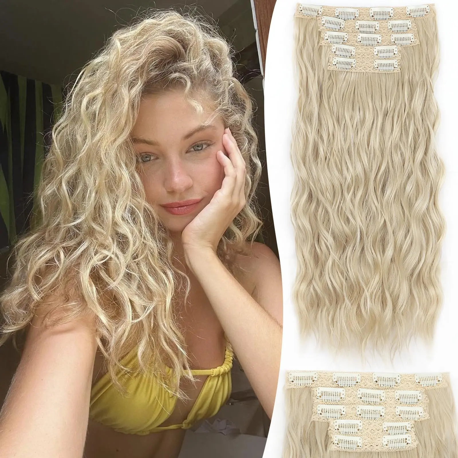 AISI HAIR Curly Quick Weave Synthetic Wiglets 5PCS 16 Inch Thick Long Mermaid Waves Hair Extensions Invisible Lace Weft Soft Hairpieces for Women Glueless Hair