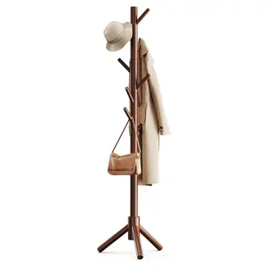 Modern Multifunctional Coat Hanger Sturdy Wooden Coat Tree with 8 Hooks, 3 Adjustable Sizes for Clothes, Hat Stand Used in Bedroom/Office/Entryway, Brown
