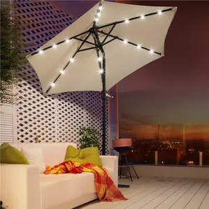 【Solar LED Lights Umbrella and Adjustable Angle】Yaheetech 7.5/9/10FT Patio Umbrella Solar Market Umbrella with 6/8 Ribs Tilt and Crank Garden Table Umbrella for Garden, Deck, Backyard, Pool, Beach