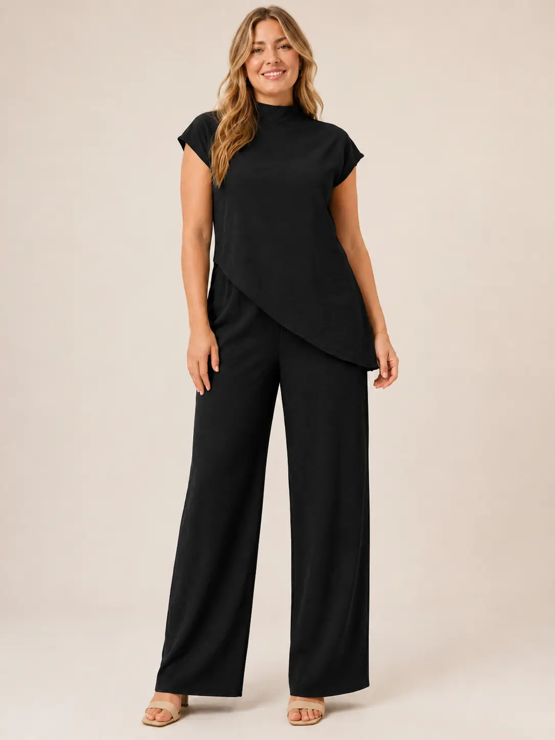 Women's Chic Elegant Loose Mock-Neck 2-Piece Set - Asymmetrical Top, High-Waist Wide-Leg Pants, Women's Clothes 2-Piece Sets