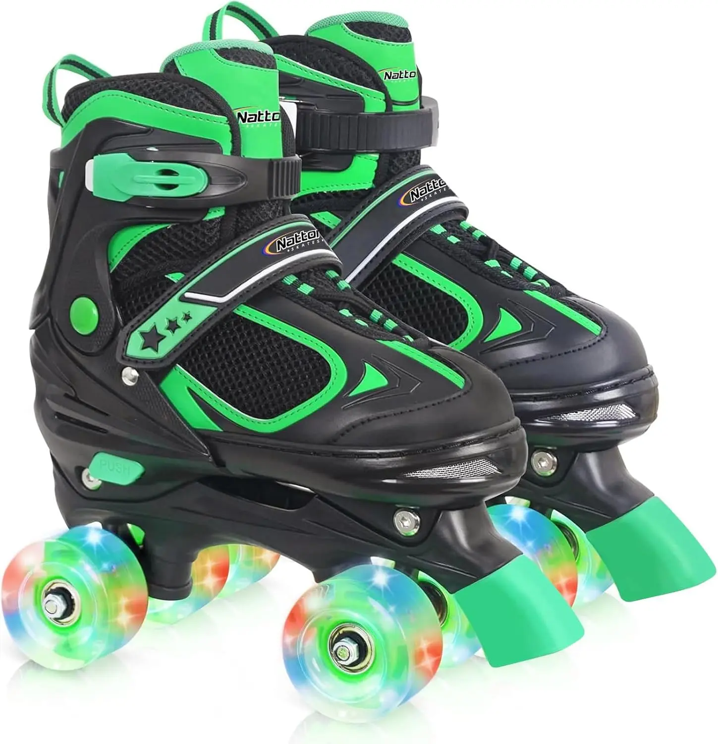4-Size Adjustable Quad Roller Skates for Toddlers Kids Boys Girls, Self-Powered Light Up Flashing Wheels Beginner Skates, Indoor Outdoor Sports Birthday Christmas Gift