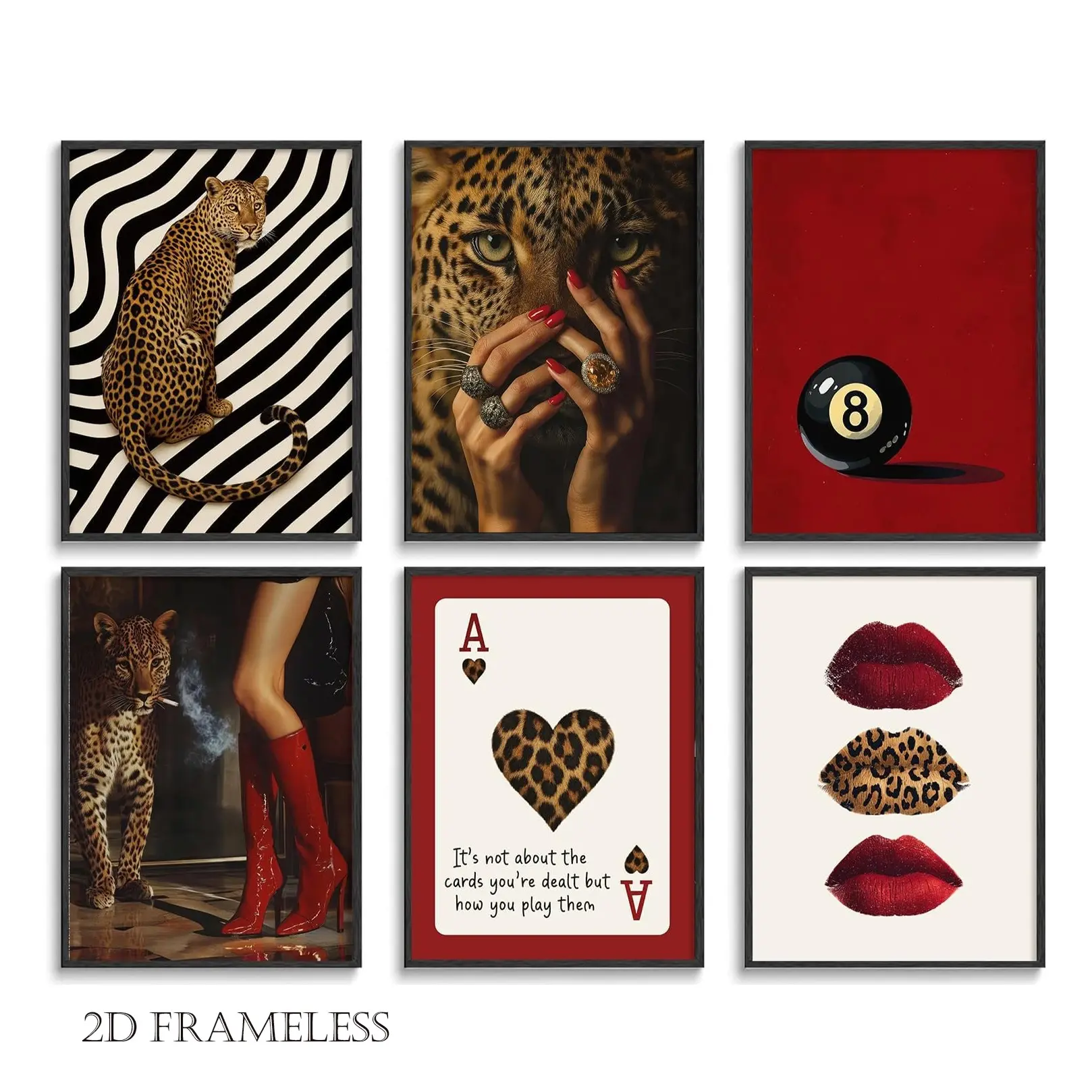 6-piece set, red leopard-print room decor, Home Wall Decor, Y2K leopard-print wall art, burgundy wallpaper style, for girls' bedrooms and dorm rooms, frameless design