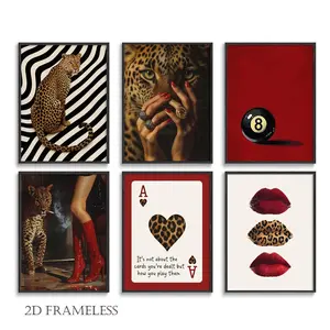 6-piece set, red leopard-print room decor, trendy Y2K leopard-print wall art, burgundy wallpaper style, perfect for girls' bedrooms and dorm rooms, frameless design, Zebra Stripe Print, Unframed Wall Art, Zebra Striped Print