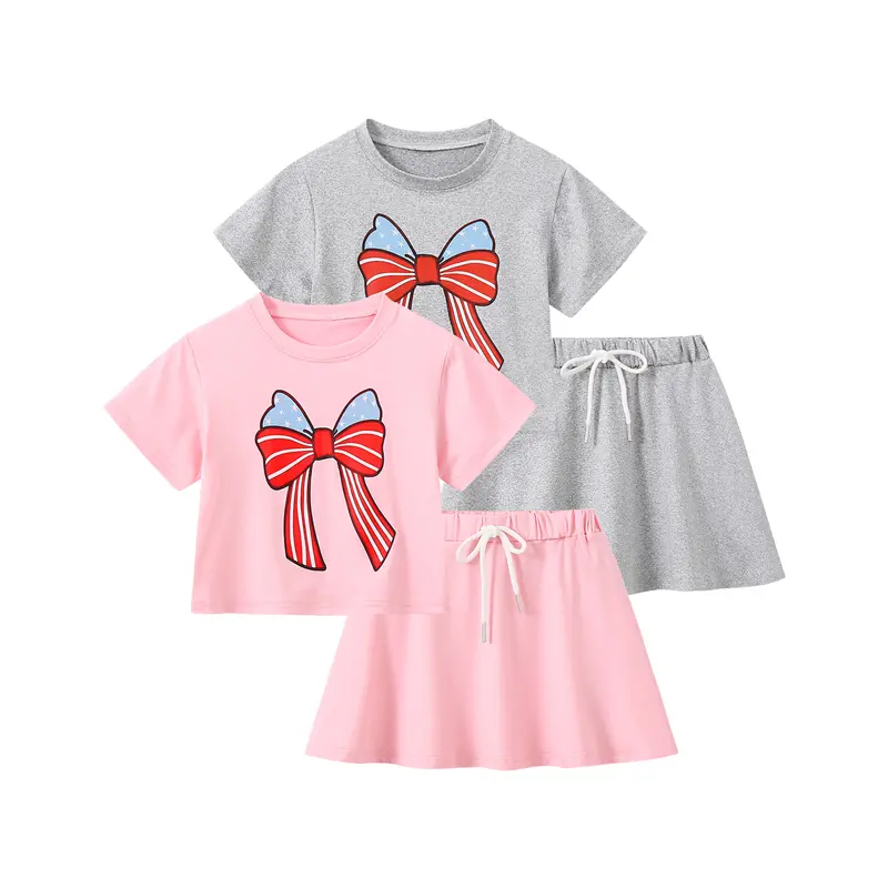 4-Piece Set for Girls: Summer Short-Sleeve T-Shirts and Skirts with Sweet Bow Print-Casual Kids' Outfits for Everyday Wear