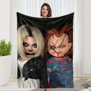 Chucky horror theme print flannel blanket, suitable for all seasons, suitable for bed, sofa, travel, Halloween decoration, birthday gift