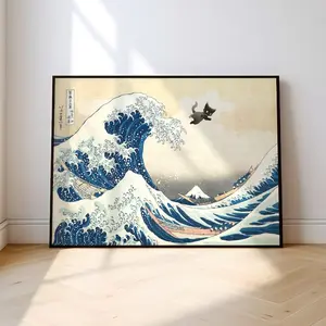 The Great Wave off Kanagawa Black Cat Japanese Art Katsushika Hokusai Wall Art Funny Cat Great Wave