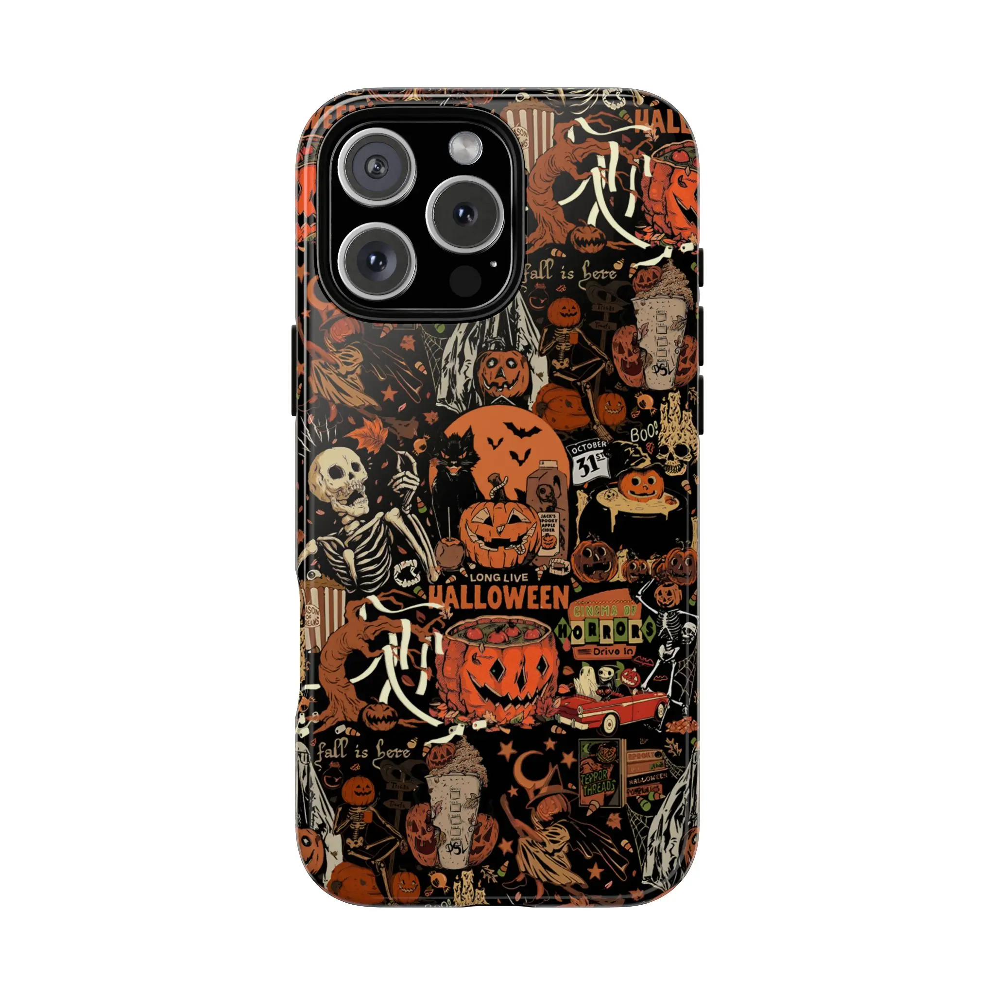 Horror Pumpkin Halloween Smartphone Case - Handheld Cellphone Cover with Tropical Design, Shock Protection Rubber Shell for iPhone 16 15 14 13 12 SE Max Pro, Fall Season Gift, Casing