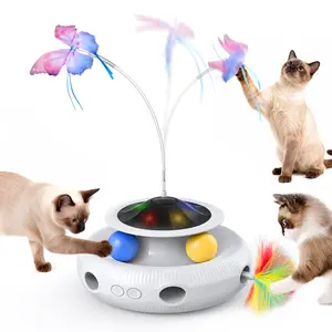 Pawtners 4-in-1 Interactive Cat Toy - Automatic Fluttering Butterfly, Ambush Feather, Automatic Rolling Ball, LED Lights - Rechargeable, Indoor Cat-Safe Pet Supply Gift Pack