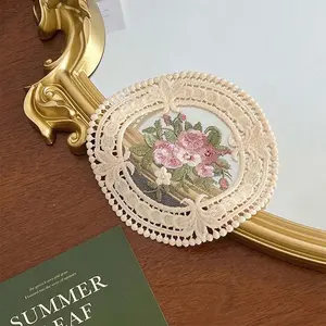 French Vintage Embroidered Lace Cup Mat Bowl Pad Style Photo Background Prop Decorative Table Mat Coasters, Elegant Home Dining Accessory