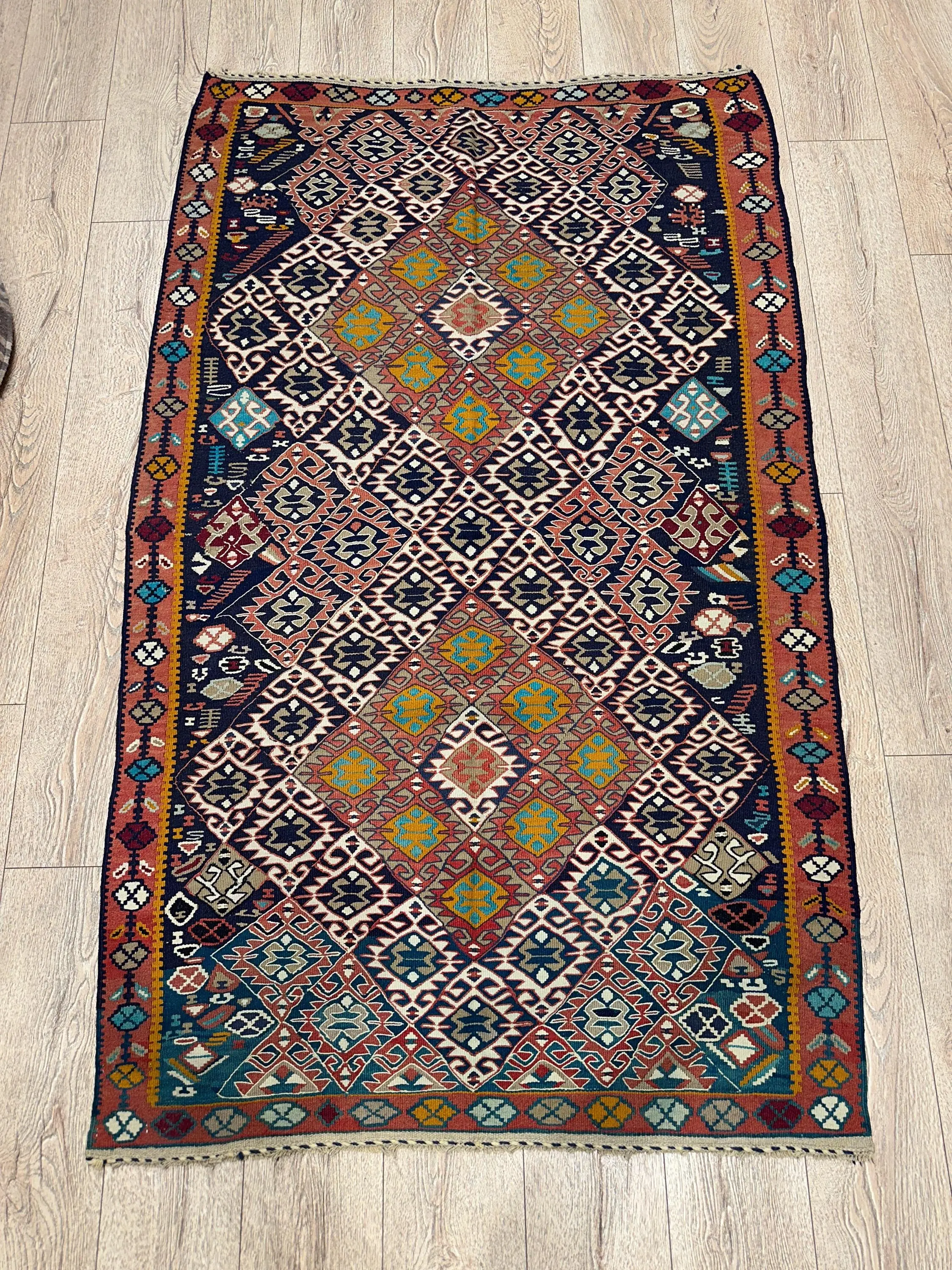 Vintage Turkish Kilim Rug, Handwoven Wool, Tribal Diamond Design (3.8 x 6.2 ft)