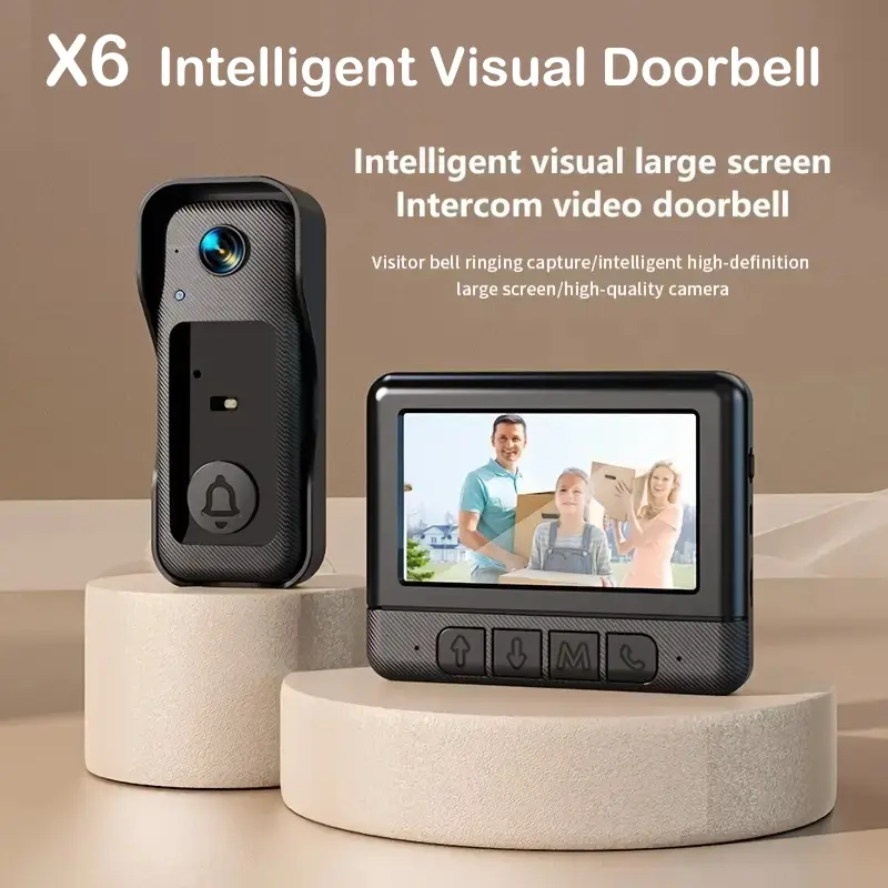 X6 Wireless Video Doorbell Camera Home Security System - 4.3" Display, Night Vision, 2-Way Audio, 2.4GHz Wi-Fi, Rechargeable Battery, Privacy Intercom, Alarm, Sensor, Waterproof, Adhesive Wall Mount, Micro SD Support, Children-Friendly, Ideal Gift