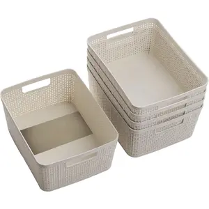 | Woven Plastic Basket| Small (Natural), 5-Pack| THE JUTE COLLECTION| Home Organization, Space - Saving Storage, Stylish Design| Jute Basket| Plastic Storage Basket